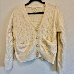 Jessica Simpson Cable Knit Cardigan Cream Pearl Button Cropped Sweater XS